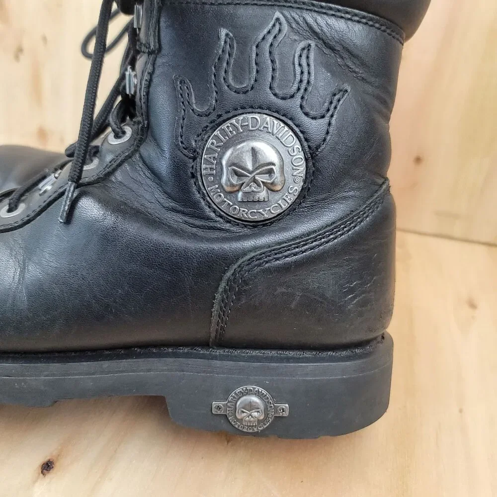 Harley Davidson Boots Mens 9.5 Flames Skulls Black Leather Moto Biker Riding